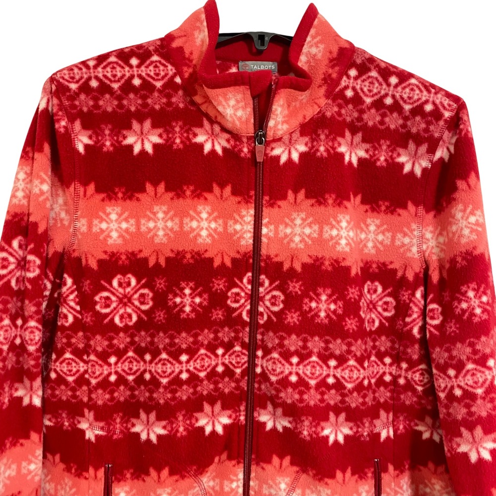Talbots Fleece Jacket Womens L Red Fair Isle Snowflake Full Zip Mock Neck - Picture 3 of 7